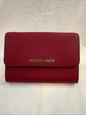 Michael Kors Burgundy Saffiano Leather Crossbody Wallet with Gold Logo